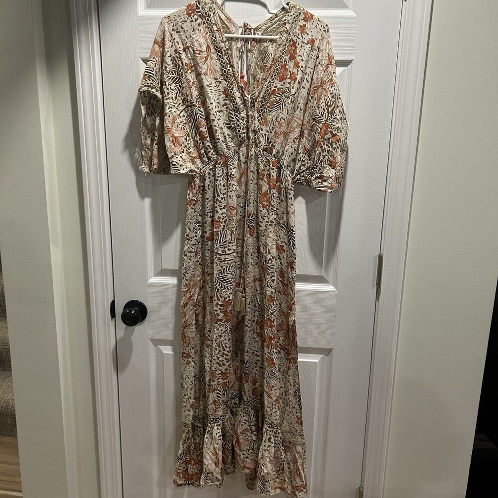 Boho Floral Maxi Dress in Cream and Rust
